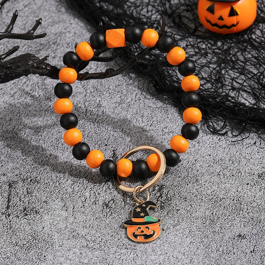 Wholesale Halloween Pumpkin Wooden Beaded Wrist Keychain